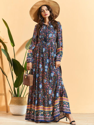 Long sleeve pleated bohemian dress